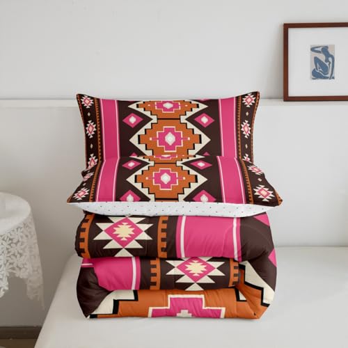 Image of Feelyou Boho Aztec Comforter Set King Size West Bedding Set for Kids Boys Girls Pink Brown Duvet Quilt Western Bedroom Decor Microfiber 3 Pcs with 2 Pillow Cases