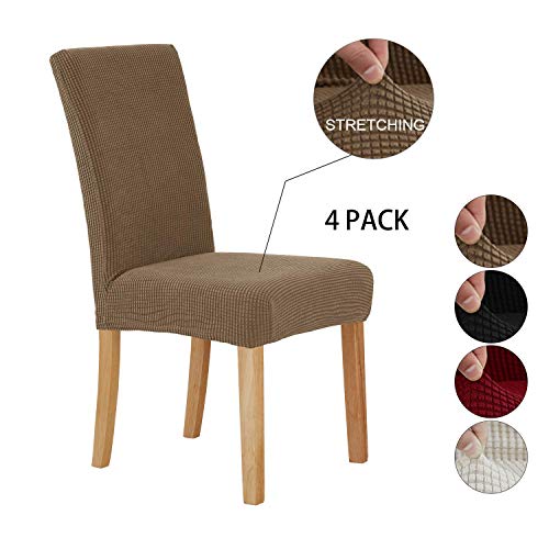 E-MANIS Fundas para Sillas de Comedor 4 Piezas, Sillas Asiento Elasticas Cubresillas Lavable Extraíble Muy fácil de Limpiar Duradera, Boda Moderna, Hotel, Decor Restaurante - Color café