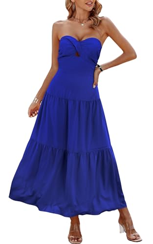 Image of ECOWISH Women's Summer Strapless Maxi Dress 2026 Off Shoulder Hollow Out Smocked A Line Tube Tiered Long Dresses