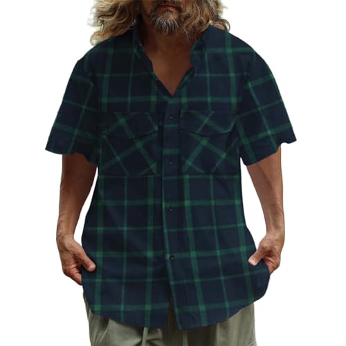Kurzärmeliges Herrenhemd, Gingham-Karo, flippiges Arbeitshemd mit Brusttasche, modisch, lässig, Button-Down-Shirt, gebogener Saum, kurzärmeliges Hemd für Outdoor-Walking, Wandern, Camping und Angeln,