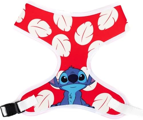 Disney Pet Harness, Dog Collar Plastic Buckle, Lilo and Stitch Sitting Pose and Leaves Red White
