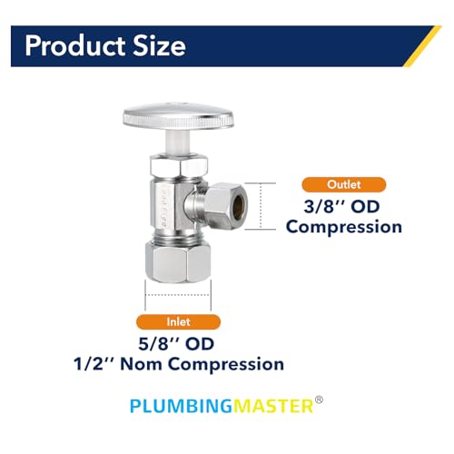 PLUMBINGMASTER 10 Pack slow turn Brass Angle Valve, Anti-Corrosion, Lead-Free, 5 Year Warranty, Easy Installation Angle Stop Valve for Plumbing, 1/2” Nominal x 3/8” Compression