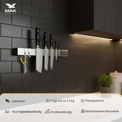 Starker Magnetischer Messerhalter 40 cm – Edelstahl Messerleiste in Silber Zur Wandmontage Mit 3 Haken Klebeband Und Schrauben Schlanke Rostfreie Magnetleiste Für Küchenmesser Werkzeuge Utensilien