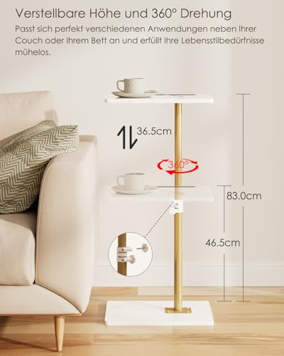 HEYZOEY Beistelltisch, C-Form Höhenverstellbar Sofatisch, 360°Rotierend Couchtisch Klein,40x30x(45-81) cm,Holz Kaffeetisch Laptoptisch für Schlafzimmer, Wohnzimmer, Büro(Weiß Gold) – Bild 4