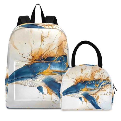 Backpack Lunch Box Set Large Capacity Travel Backpacks and Insulated Lunch Bag for Commute Hiking Picnic Artwork Whale Print