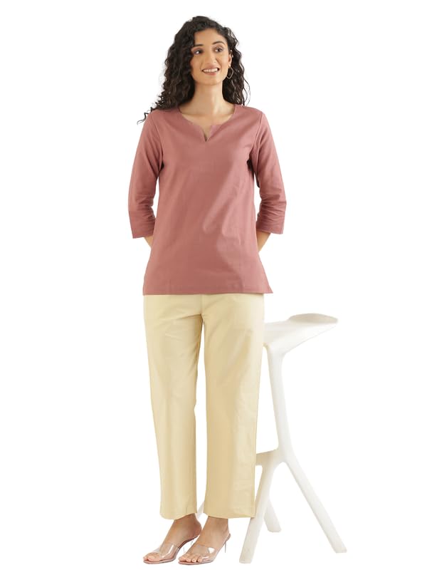 Image of SAADAA Airy Linen Split Neck Short Kurta for Women | Casual & Office Wear | 3 /4 Sleeves, Comfortable Fit | Elegant Top | Lightweight & Breathable Fabric |