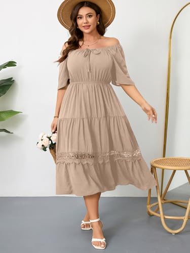 Image of RWJ Women's Plus Size Maxi Dress Short Sleeve Square Neck Flowy A-Line Lace Trim Flutter Party Casual Off Shoulder Dresses