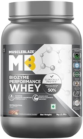 MuscleBlaze Biozyme Performance Whey Protein Powder, Chocolate Hazelnut (1kg / 2.2lbs) | 25g Protein Per Scoop | Clinically Tested 50% Higher Protein Absorption