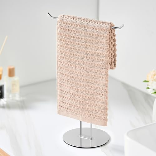 T-Shaped Hand Towel Holder Stand – Countertop Stainless Steel Towel Rack with Non-Slip Base for Bathroom, Kitchen, Vanity, Silver