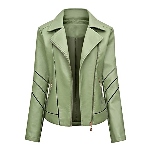 Fullfun_2019 Women's Faux Leather Belted Motorcycle Jacket Zipper Casual Leather Soft Short Coat (Green, XXXL)