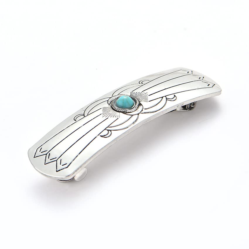 Large Hair Barrettes for Women Thick Hair, French Barrette Hair Clips Retro Metal Turquoise Ponytail Clamps Clasp Stylish Hair Accessories for Women Mother (Silver)