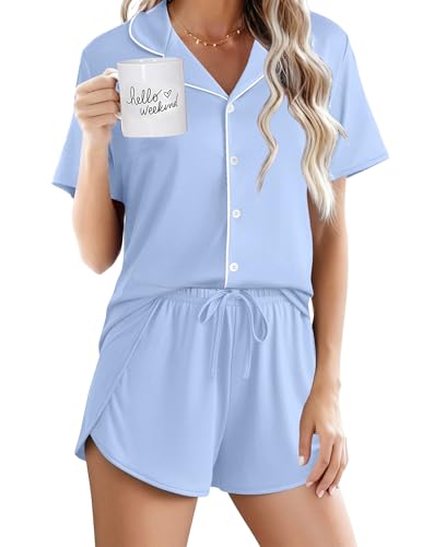 Image of Ekouaer Pajamas for Women Set Button Up Sleepwear 2 Piece Pjs Lounge Set Short Sleeve Nightwear