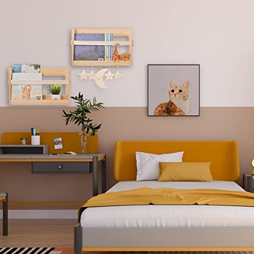 Set Of 2 Wood Floating Bookshelf For Kids Room Decor,Wall-Mounted Magazine Holder With Pu Leather Strap, Kids Bookshelf For Baby Nursery Décor, Solid Wood Wall Shelf Ideal For Books, Toys And Decor #TOP4