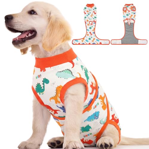 Image of Kuoser Dog Surgery Recovery Suit, Soft Breathable Dog Recovery Suit for Female Spay Male Nueuter, Anti Licking Puppy Onesie Pet Surgical Suit for Dogs Abdominal Wounds Skin Disease, Dinosaur XS