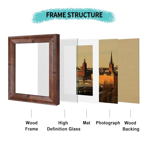 Image of iRahmen 8x8 Vintage Picture Frame with Mat 6x6 - High Definition Real Glass Wooden Photo Frames for Tabletop Display and Wall Mounting (Brown, Set of 4)