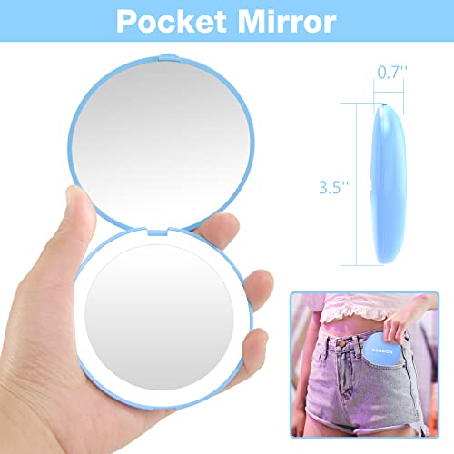 Wobsion Travel Makeup Mirror With Light, 1X/10X Compact Magnifying Mirror,Handheld 2-Sided Pocket Mirror,Led Small Mirror For Purse,3.5In Hand Mirror,Travel Size Mirror For Handbag,Gift,Blue #TOP2