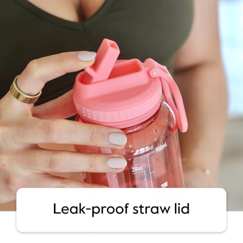 Image of Takeya Motivational Water Bottle with Straw Lid and Time Marker (32 oz, Breezy Blue) - Leakproof, BPA Free Water Bottle for Daily Intake Tracking