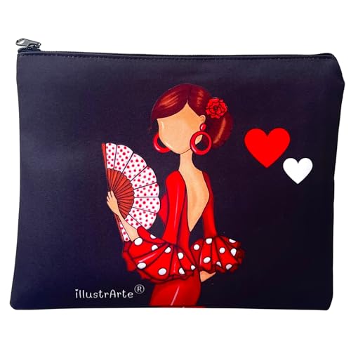 Neceser Granada Flamenca “Pepa” – Diseño a Doble Cara – Fondo Negro – 22x17 cm – Impermeable – Bolso de Aseo Mujer o Viaje