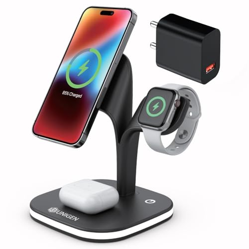 Image of UNIGEN Magtec 500 4-in-1 23W Foldable Magnetic Charger with Adapter, Mag Safe Compatible, for iPhone 17 /16 /15 /14 /13 /12 Series, AirPods 2nd /3rd, Apple Watch (Black)