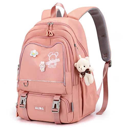 Mochila casual feminina com padrão de urso, mochila de estudante, com pingente de urso, pode conter notebook de 15,6 polegadas CUTBLAJAT-9470 (Rosa)