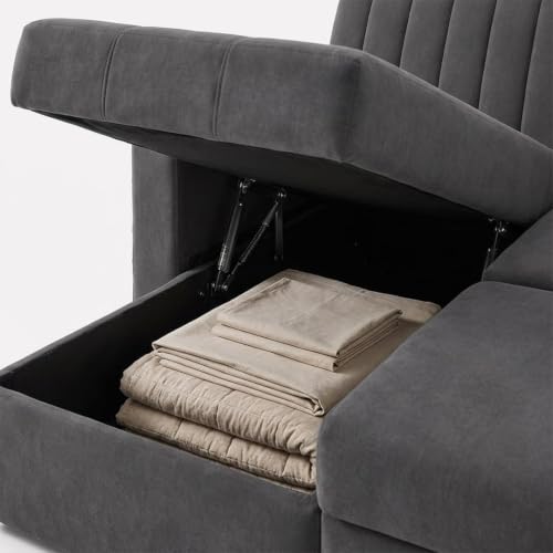 Image of CASASTYLE Kyagar 4 Seater LHS L Shape Sofa with Pull Out Bed & Storage Lounger | Premium Soft Velvet Suede Fabric | Comfort Cushions | Ideal for Living Room, Hotel & Office (Dark Grey)