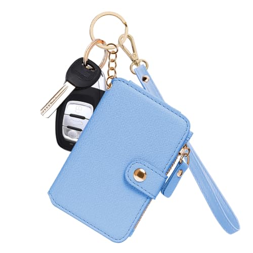 M-Plateau Wallet, Womens Wallet Leather Keychain Wallet With Zipper Coin Pocket ID Window Wrist Strap Gift Box (Sky Blue)
