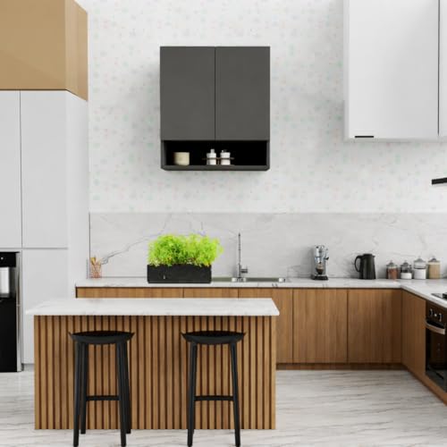 Image of 2 Door Multipurpose Wall Mounted Cabinet with Adjustable & Fixed Shelf | Storage for Kitchen, Bathroom, Office & Living Room | Assembly-DIY | Color-Grey | Size-60x33x63.8 Cm