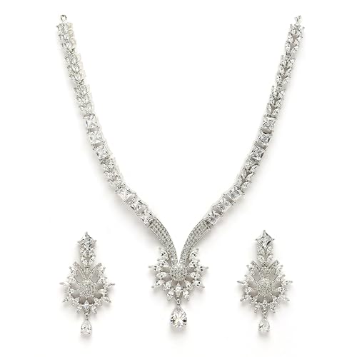 Image of ZENEME Rhodium Plated Brass Silver Toned Floral & Tear Drop Blue Crystal American Diamond Necklace With Earring Jewellery Set For Women