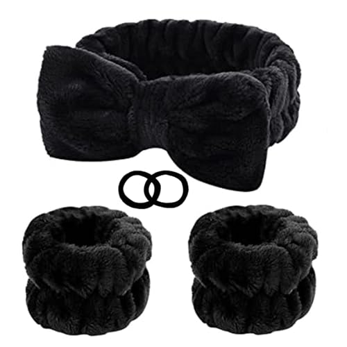 ELTONGUU Conjunto de faixa de cabeça e pulseira de spa com 2 laços de cabelo, lavagem de rosto preta