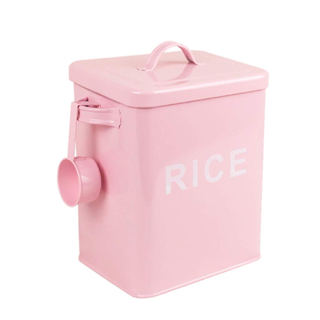 LQY Rectangular Rice Bucket, Metal Rice Storage Bin, 5kg Moisture-Proof Cereal Container, Dog and Cat Food Storage Container with Small Spoon,Pink