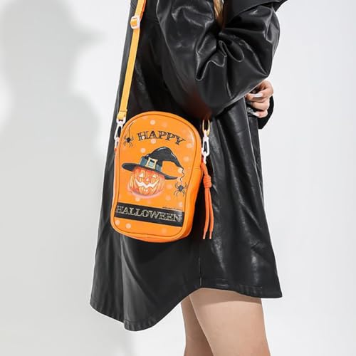 Halloween Gothic Ghost Shoulder Bag, Women's Vertical Skeleton Devil Pumpkin Purse, PU Leather Candy Crossbody Phone Bag3