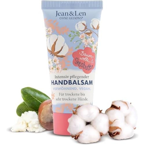 Jean & Len – Handbalsam Baumwolle & Sheabutter, Handpflege für trockene bis sehr trockene Hände, pflegt intensiv und ist dabei besonders mild, ohne Parabene & Silikone, vegan, Mini Handcreme, 20 ml