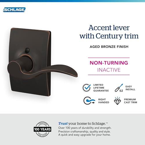 Image of Schlage Accent Lever with Century Trim Non-Turning Lock in Aged Bronze - Right Handed