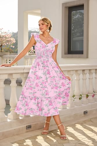 Image of GRACE KARIN Women's Summer Floral Maxi Dress 2026 Ruffle Sleeve Smocked Sundress Flowy Wedding Guest Long Dresses with Pocket