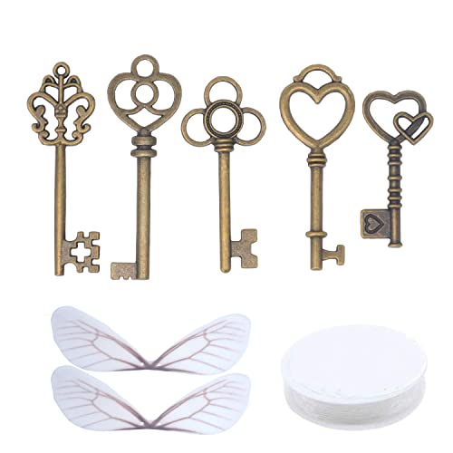 Aokbean 50pcs Llaves Maestras Vintage Llaves Voladoras con Alas de Libélula y Línea de Pesca Transparente para Hacer Artesanías de Joyería DIY Decoración del Hogar (Bronce) Cover