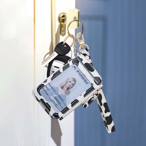 Image of M-Plateau RFID Blocking Keychain Wallet With Leather Wrist Strap | Keychain Wristlet, Womens Card Holder with Zipper Coin Pocket and ID Window (Cow Print)