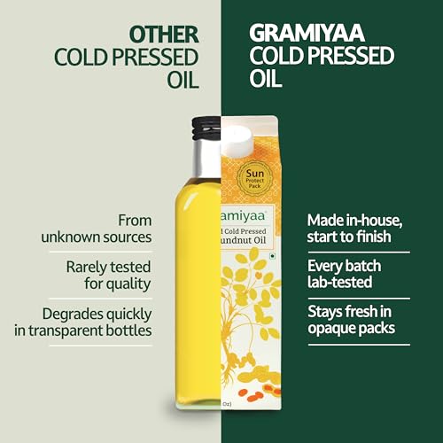 Image of Gramiyaa Cold Pressed Groundnut Oil 1 Litre| Traditionally Extracted | Chemical-free, Zero Trans-fat Cooking Oil | Unrefined | Kachi Ghani Peanut oil for Cooking (Pack of 3)