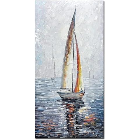 V-inspire Art,30X60 Inch Modern Abstract Hand Painted Oil Paintings Sailing Boat On The Sea Acrylic Canvas Hanging Painting Living Room Bedroom Wall Art Home Decoration Cover