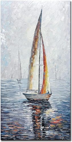 V-inspire Art,30X60 Inch Modern Abstract Hand Painted Oil Paintings Sailing Boat On The Sea Acrylic Canvas Hanging Painting Living Room Bedroom Wall Art Home Decoration
