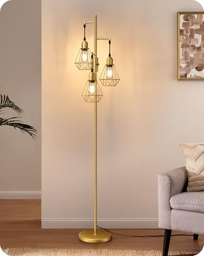 EDISHINE LED Stehlampe Wohnzimmer, 3 flammige Retro Stehlampe dimmbar, 4W E27 LED Leuchtmittel & Drehschalter, Industrial deko Standleuchte mit Käfig-Lampenschirm aus Metall, 2700K, Höhe: 166cm, Gold