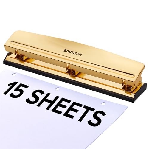 Image of Bostitch 3 Hole Paper Punch, 15 Sheet Capacity, Metal Office Hole Puncher with Chip Tray, Non-Slip Base, 9 /32 inch Holes, Perfect for Binders, School, Home & Office, Gold