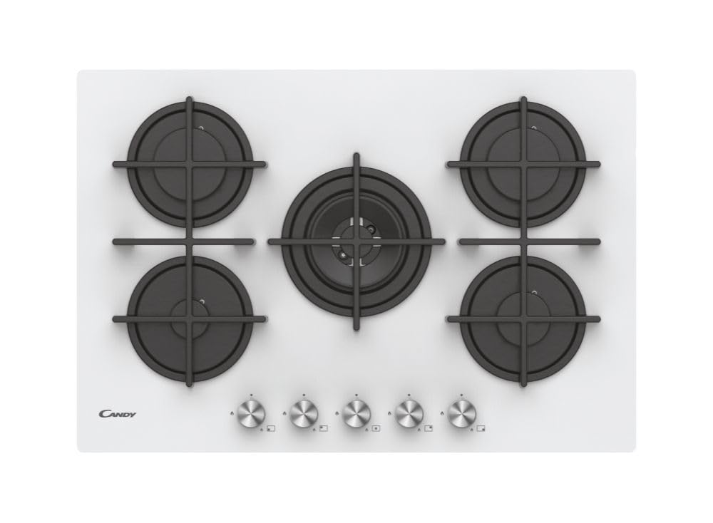 Candy CVG74WPW Piano A gas in Vetro, 5 fuochi, Colore Bianco