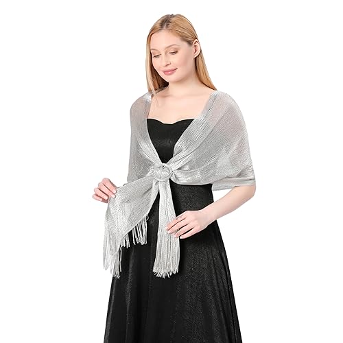 Image of Stoles for Evening Dress with Buckle, Fringes - Polyester Blend, Shimmer Stole Wraps for Weddings, Party | Women's Clothing