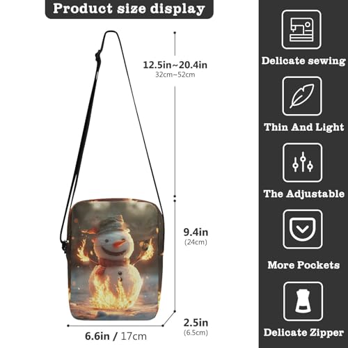Crossbody Bag Christmas Fire Snowman Messenger Bag for Women Men Purse Shoulder Bag Satchel Bag with Adjustable Strap 202b64973