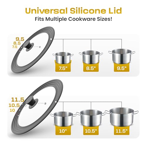 LSR Loreso Universal Pan Lid for Pots Pans and Skillets 7.5-11.5 Inch - Tempered Glass Pot Lid Set with Auto-Sizing Silicone Rim, 2 Pack Grey