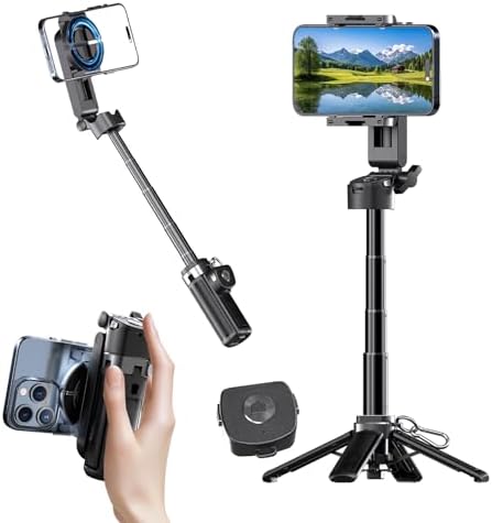 Magnetic Phone Tripod Stand, Portable Mini Selfie Stick for iPhone 16/15/14/13/12 & MagSafe, Aluminum Angle-Adjustable Foldable Strong Magnet Phone Holder, Travel Essentials, Included Metal Ring