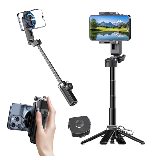 Magnetic Phone Tripod Stand, Portable Mini Selfie Stick for iPhone 16/15/14/13/12 & MagSafe, Aluminum Angle-Adjustable Foldable Strong Magnet Phone Holder, Travel Essentials, Included Metal Ring Magnetic Phone Tripod Stand, Portable Mini Selfie Stick for iPhone 16/15/14/13/12 & MagSafe, Aluminum Angle-Adjustable Foldable Strong Magnet Phone Holder, Travel Essentials, Included Metal Ring