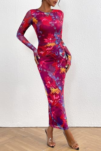 Image of CFLONGE Long Sleeve Dress for Women Floral Print Ruched Wedding Guest Maxi Dresses Tight Fitted Cocktail Party Bodycon Dress