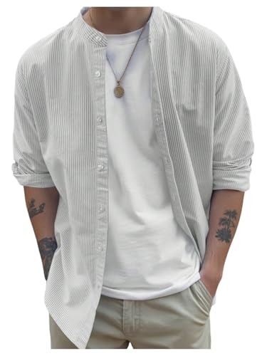 SHENHE Men's Striped Button Down Shirt Long Sleeve Banded Collar Business Casual Shirt Top