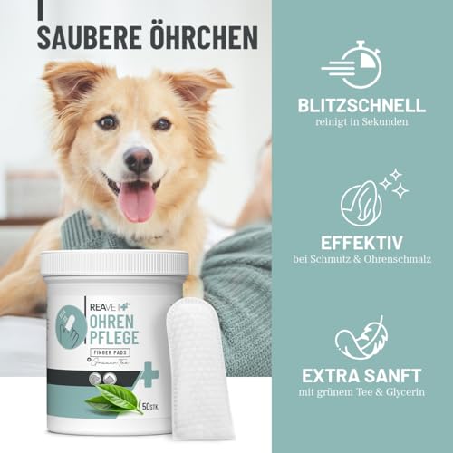 ReaVET Ohrenpflege Finger-Pads für Hunde & Katzen 50 Stück – Sanfte Ohrreinigung I Ohrpflege Reinigungspads Fingerpads für die Ohrenhygiene, sanfter Ohrenreiniger zur Pflege & Reinigung